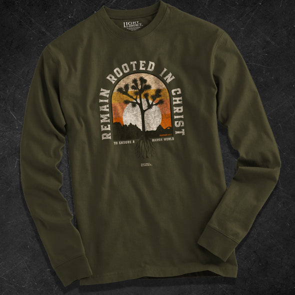 Light Source Mens Long Sleeve T-Shirt Remain Rooted In Christ