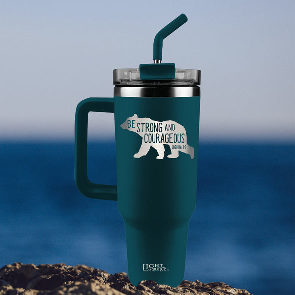 Light Source 40 oz Stainless Steel Mug With Straw Be Strong And Courageous