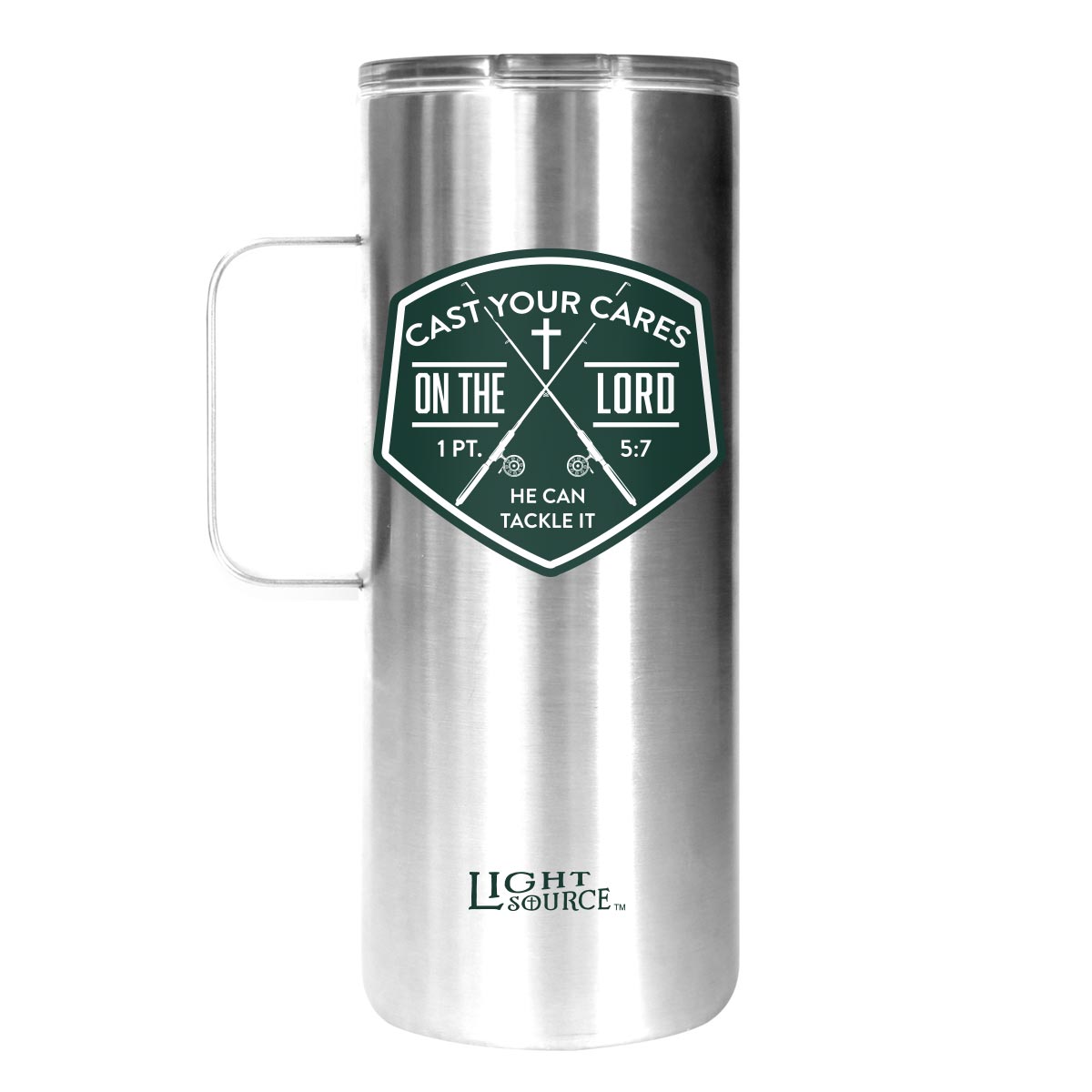 Light Source 22 oz Stainless Steel Mug With Handle Cast Your Cares
